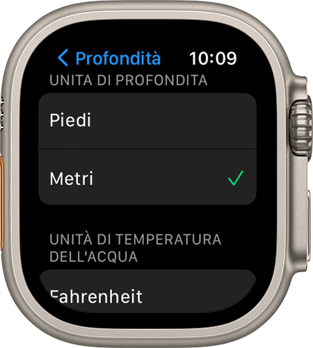 Impostazioni in watchOS 9 su Apple Watch Ultra; profondità in piedi selezionata