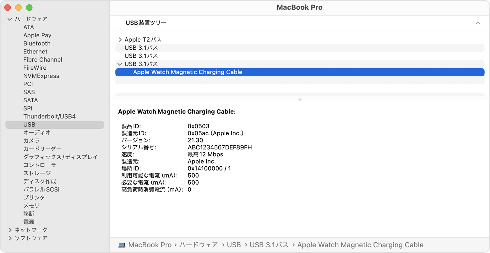 MacBook Pro のシステムレポートに Apple Watch 磁気充電ケーブルの製造元が表示されているところ