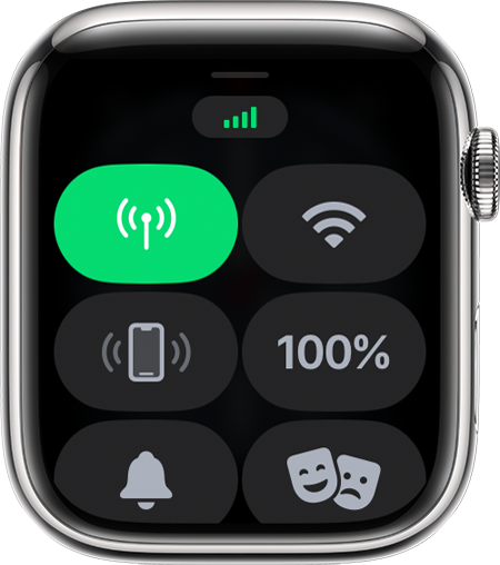 Apple Watch のコントロールセンターにモバイルデータ通信の信号がフル表示されているところ