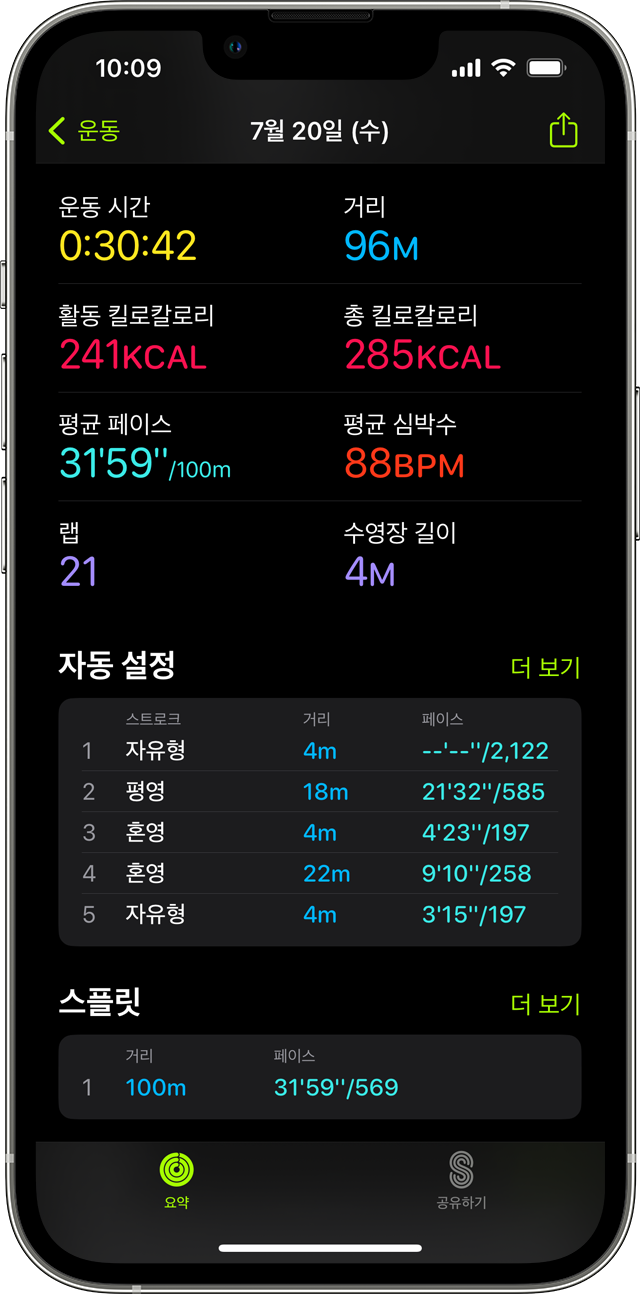 iOS 16이 설치된 iPhone 13 Pro 피트니스 운동 수영(수영장) 데이터