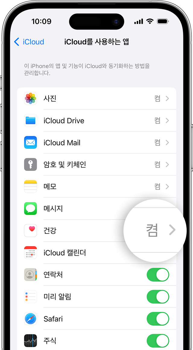 iOS 17이 설치된 iPhone 14 Pro의 계정, Apple ID, iCloud의 건강을 나타내는 화면