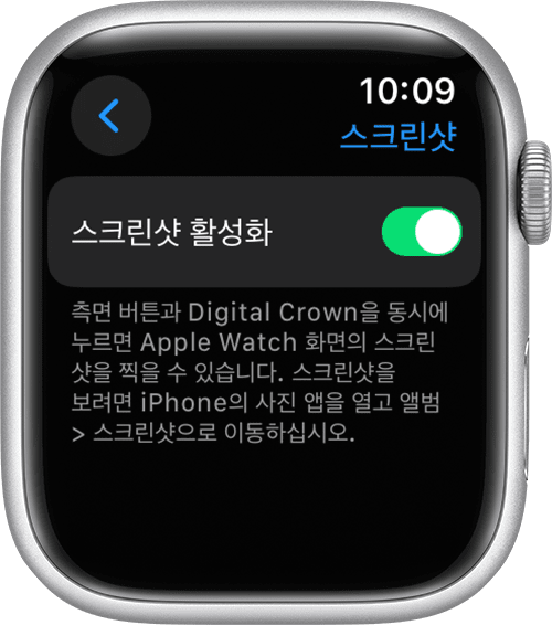 Apple Watch 설정 앱의 스크린샷 활성화 설정