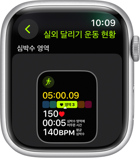 달리기 중 심박수 영역 수치가 표시된 Apple Watch.