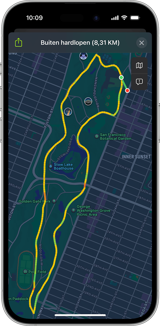 Een kaart van een hardloopwork-out in de buitenlucht op een iPhone.