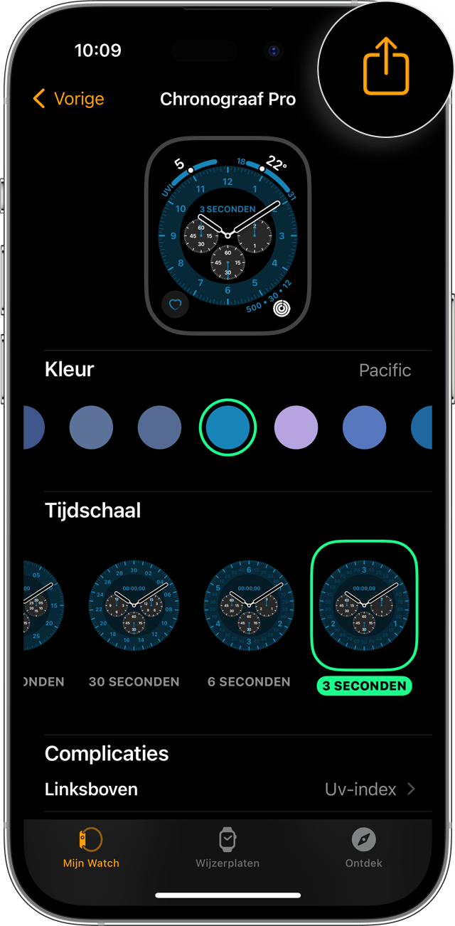 iPhone Watch-app waarin de knop 'Deel' wordt weergegeven op de selectie voor de wijzerplaat