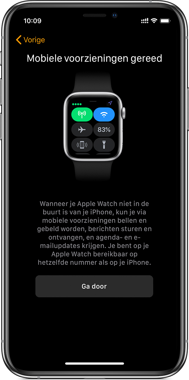 Configuratiescherm voor mobiele voorzieningen op iPhone. De mobiele voorzieningen zijn klaar voor gebruik op Apple Watch.