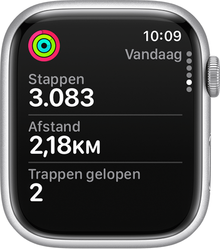 De huidige stappen, afstand en het aantal gelopen trappen in de Activiteit-app op de Apple Watch.