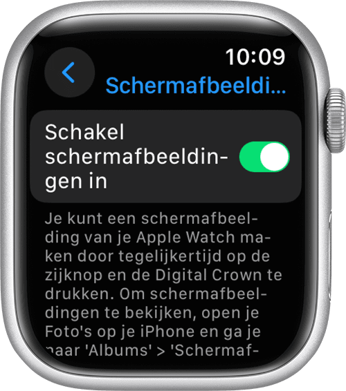 De instelling 'Schakel schermafbeeldingen in' in de instellingen-app op de Apple Watch