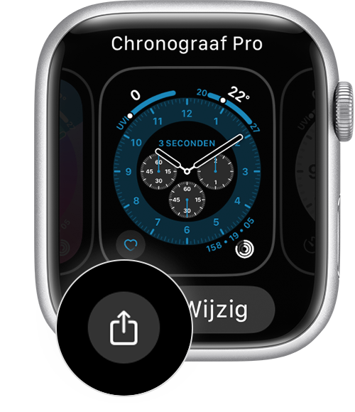 Apple Watch-wijzerplaat waarin de knop 'Deel' wordt weergegeven