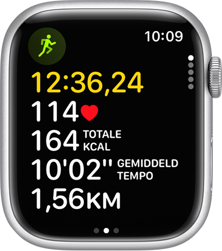 Voortgang van een hardloopwork-out op de Apple Watch.