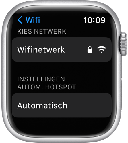 Wifi-instellingenscherm op de Apple Watch met de optie 'Instellingen autom. hotspot'
