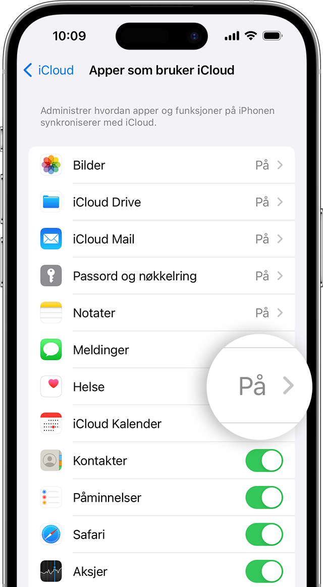 Utklipp av Helse-varsel i Konto > Apple-ID i iOS 17 på iPhone 14 Pro