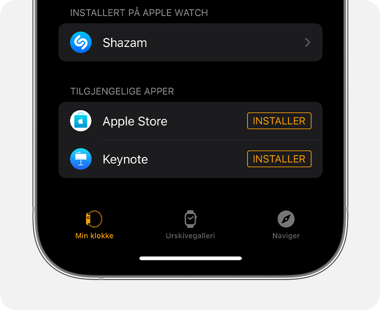 Skjermen til en iPhone med Watch-appen åpen 