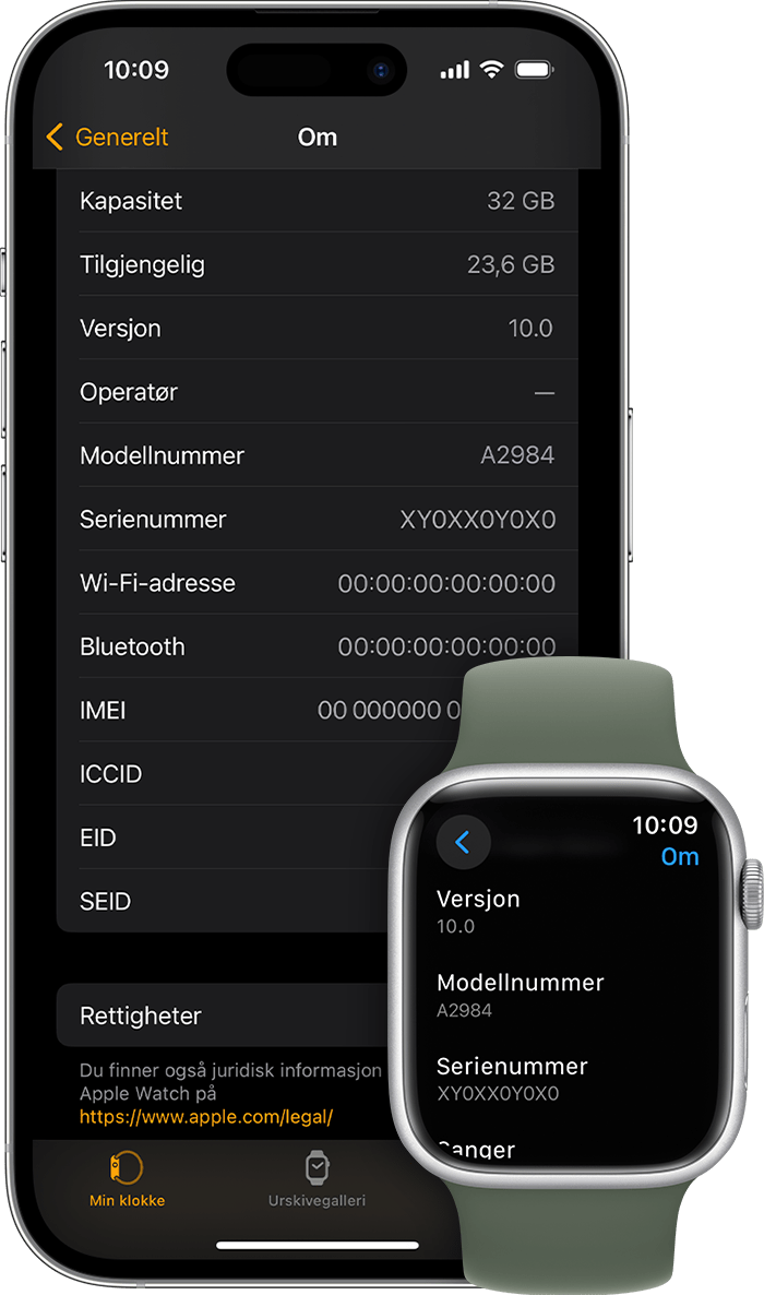 iPhone og Apple Watch som viser Om-skjermen og serienummeret