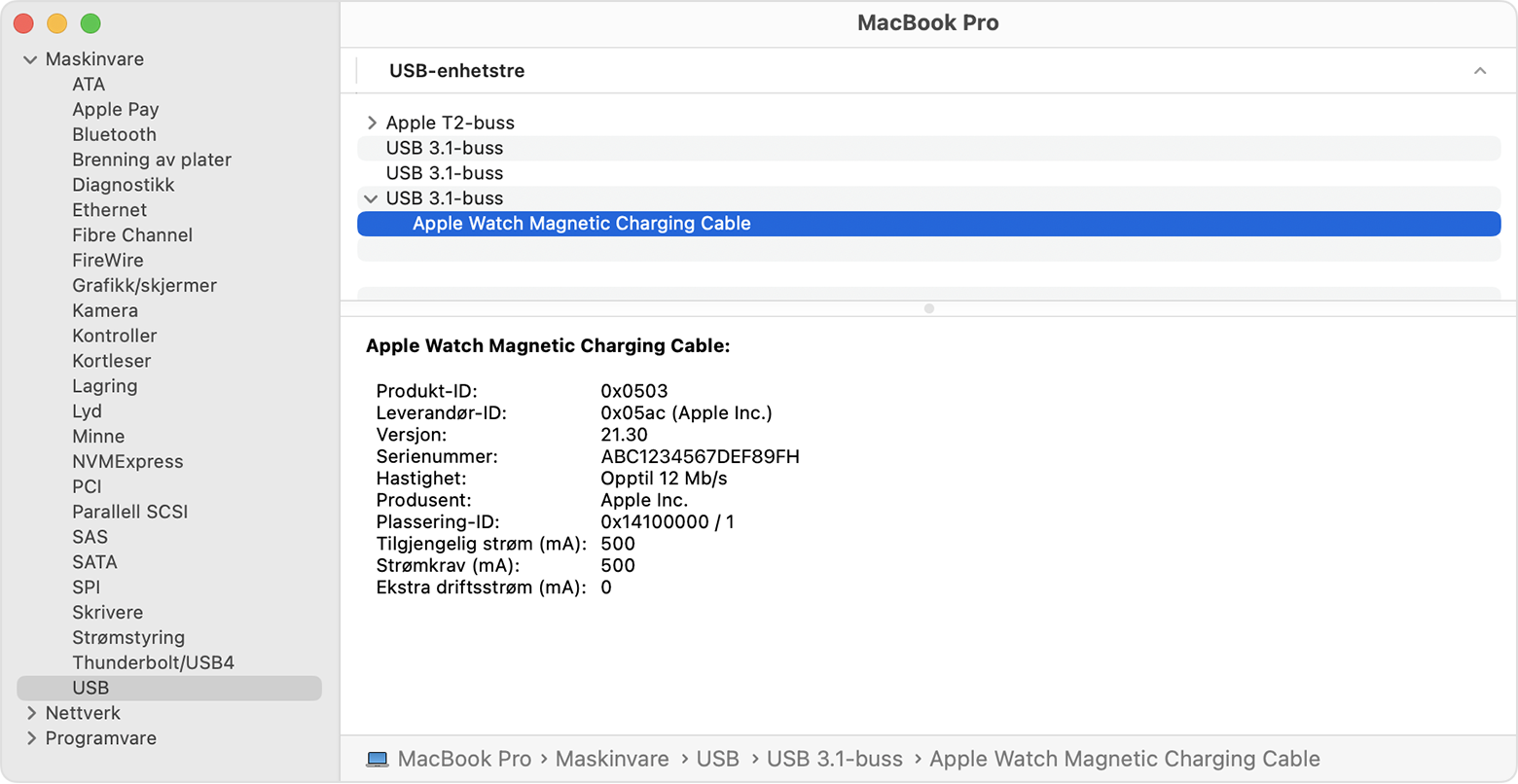 Systemrapport på MacBook Pro som viser produsentinformasjonen for Magnetisk ladekabel til Apple Watch