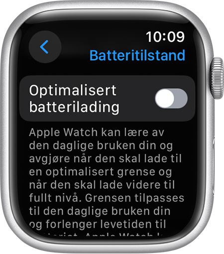 Optimalisert batterilading i Innstillinger-appen på Apple Watch.