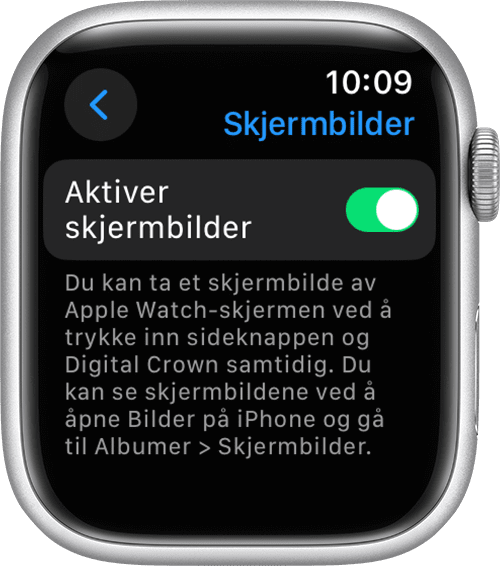 Aktiver Skjermbilder-innstillingen i Innstillinger-appen for Apple Watch