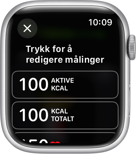 De tilgjengelige målingene som kan redigeres for en treningsvisning på Apple Watch.