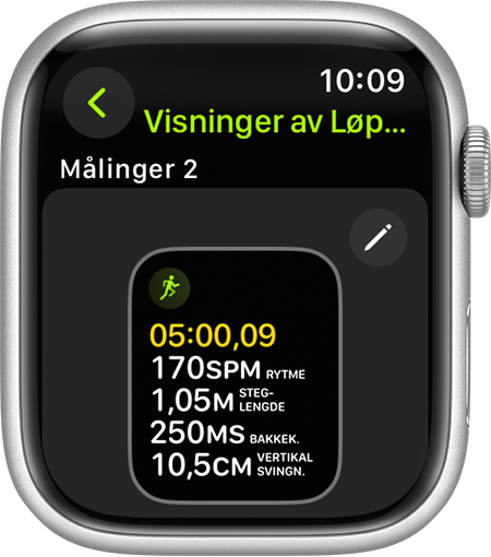En Apple Watch som viser målinger av løpeform under en løpetur.
