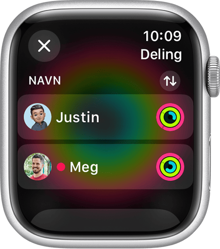 En Apple Watch-skjerm der det vises venner som deler aktiviteten sin