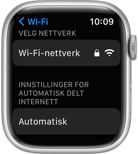 Skjermen for wifi-innstillinger på Apple Watch, hvor alternativet for innstillinger for automatisk delt internett vises