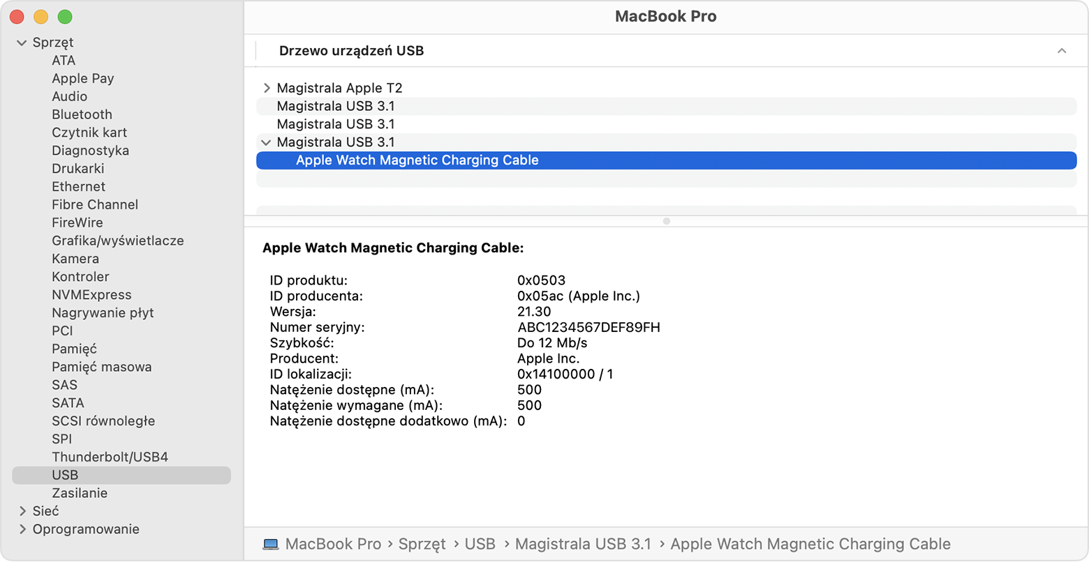 Raport systemowy na MacBooku Pro pokazujący szczegóły producenta przewodu do ładowania Apple Watch podłączanego magnetycznie