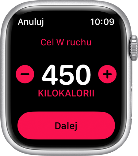 Ustalanie celu W ruchu (450 kalorii) na zegarku Apple Watch.