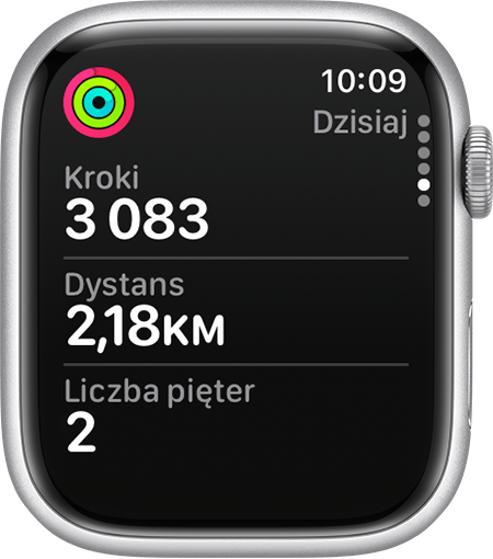 Opcje bieżące Kroki, Dystans i Liczba pięter w aplikacji Aktywność na zegarku Apple Watch