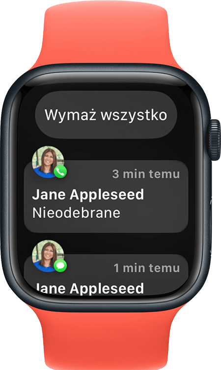 Apple Watch wyświetlający przycisk Wymaż wszystkie powiadomienia