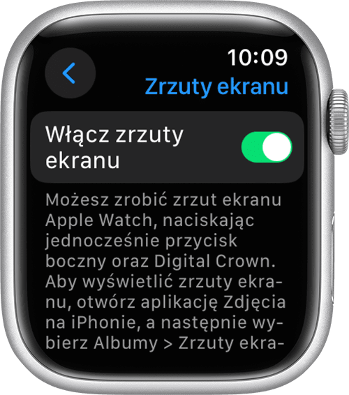 Opcja Włącz zrzuty ekranu w aplikacji Ustawienia na zegarku Apple Watch