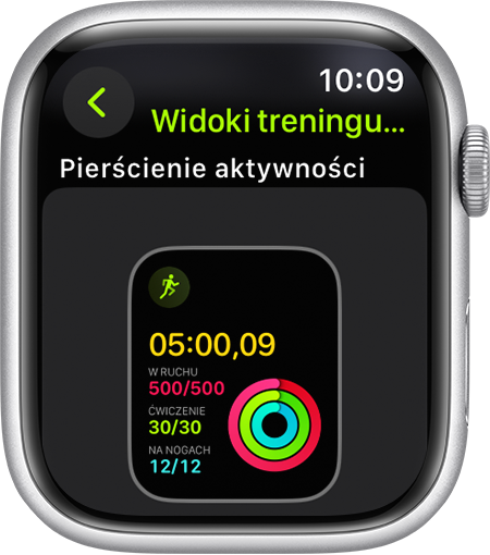 Apple Watch, który pokazuje postęp pierścieni aktywności podczas biegu.