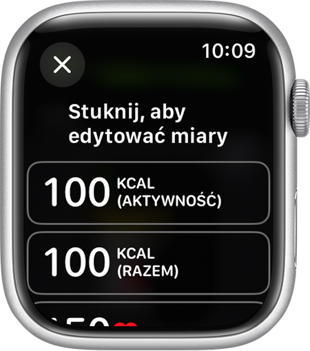 Dostępne miary do edycji dla widoku treningu na zegarku Apple Watch.