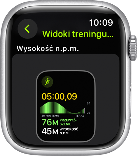Apple Watch, który podczas biegu pokazuje wskaźnik Wzniesienie.