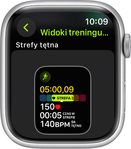 Apple Watch, który podczas biegu pokazuje wskaźnik Strefy tętna.