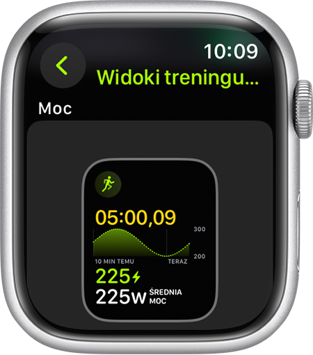 Apple Watch, który podczas biegu pokazuje wskaźnik Moc biegu.