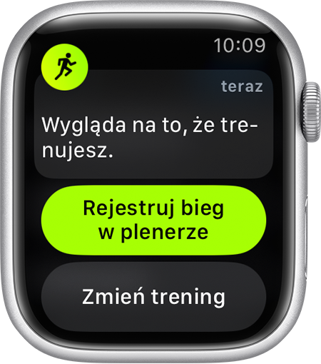 Przypomnienie o rozpoczęciu rejestrowania treningu Bieg (plener) na zegarku Apple Watch.
