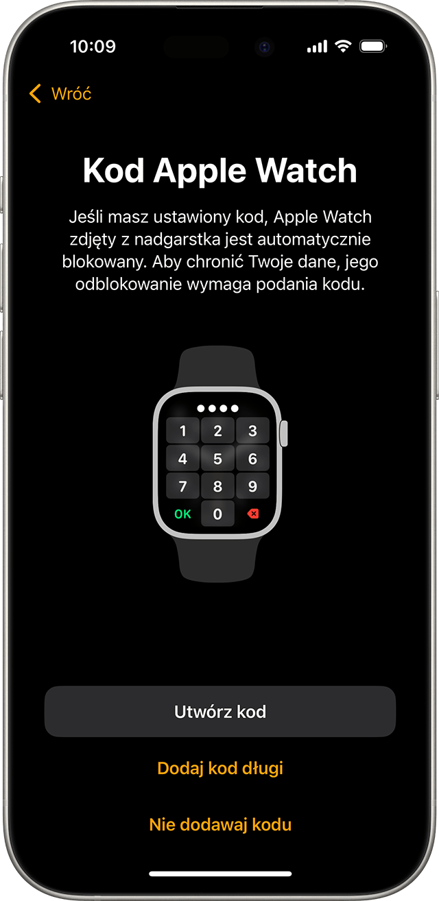 Ekran konfiguracji kodu dostępu na zegarku Apple Watch