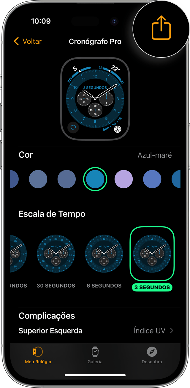 App Watch no iPhone mostrando o botão Compartilhar na seleção do mostrador
