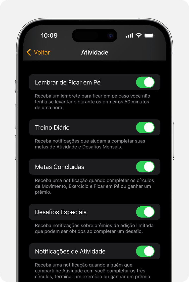 Uma tela do iPhone mostrando as opções para notificações e lembretes de Atividade