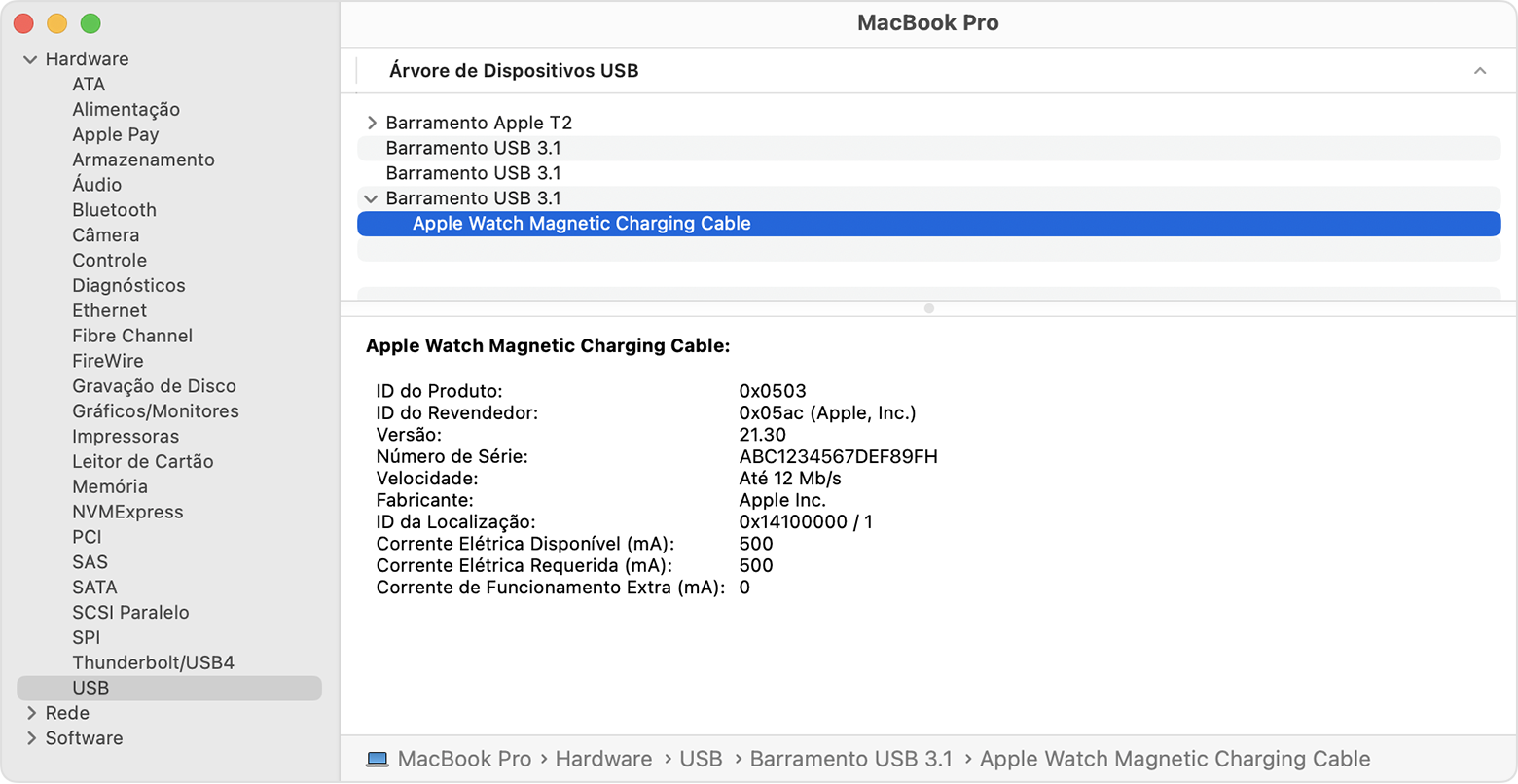"Relatório do Sistema" do MacBook Pro exibindo as informações do fabricante do cabo de carregamento magnético para Apple Watch
