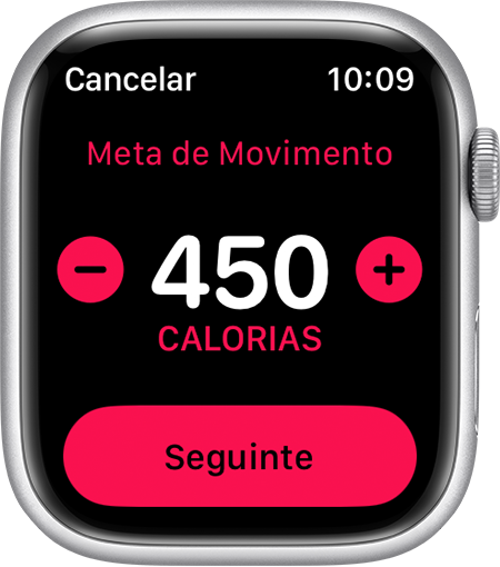 Definindo uma meta de Movimento de 450 calorias no Apple Watch.
