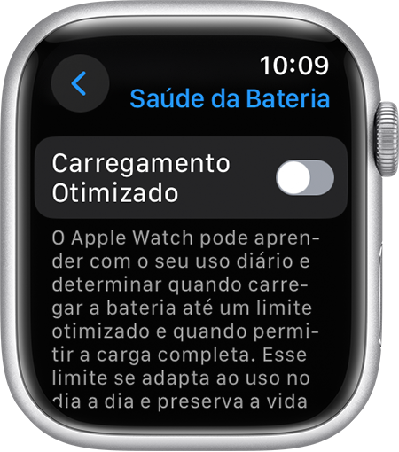 Carregamento Otimizado no app Ajustes no Apple Watch.