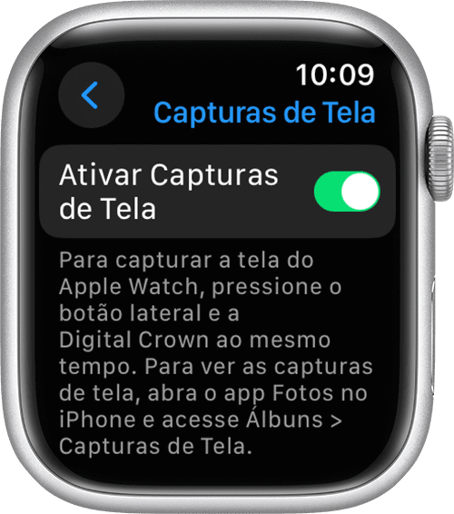 Ajuste Enable "Ativar Capturas de Tela" no app Ajustes do Apple Watch