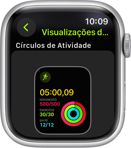 Um Apple Watch que mostra o progresso dos Círculos de Atividade durante uma corrida.