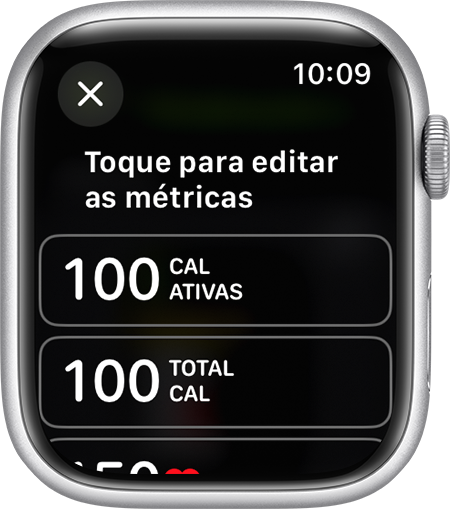As métricas disponíveis para editar para uma Visualização no Apple Watch.