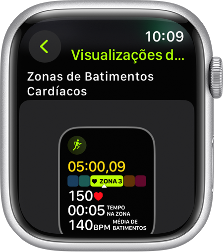 Um Apple Watch que mostra a métrica de Zona de Batimentos Cardíacos durante uma corrida.