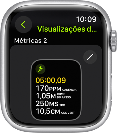 Apple Watch mostrando as métricas da maneira de correr durante uma corrida.
