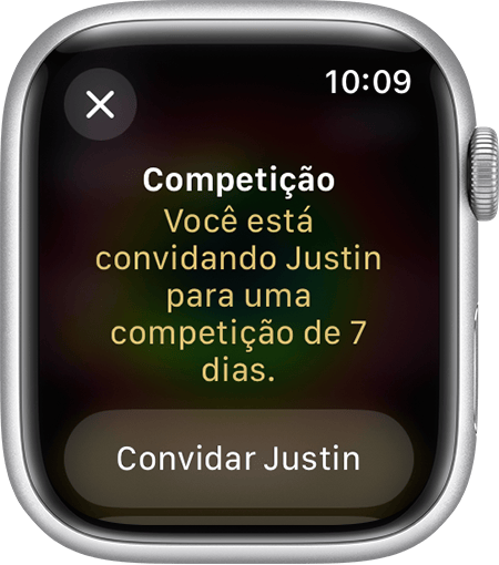 Tela do Apple Watch exibindo como enviar um convite para iniciar uma competição