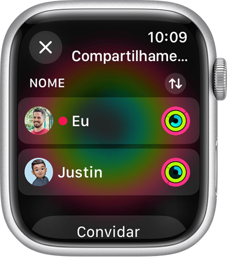Tela do Apple Watch exibindo amigos que estão compartilhando a atividade