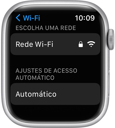 Tela de ajustes do Wi-Fi no Apple Watch mostrando a opção "Ajustes de Acesso Automático"